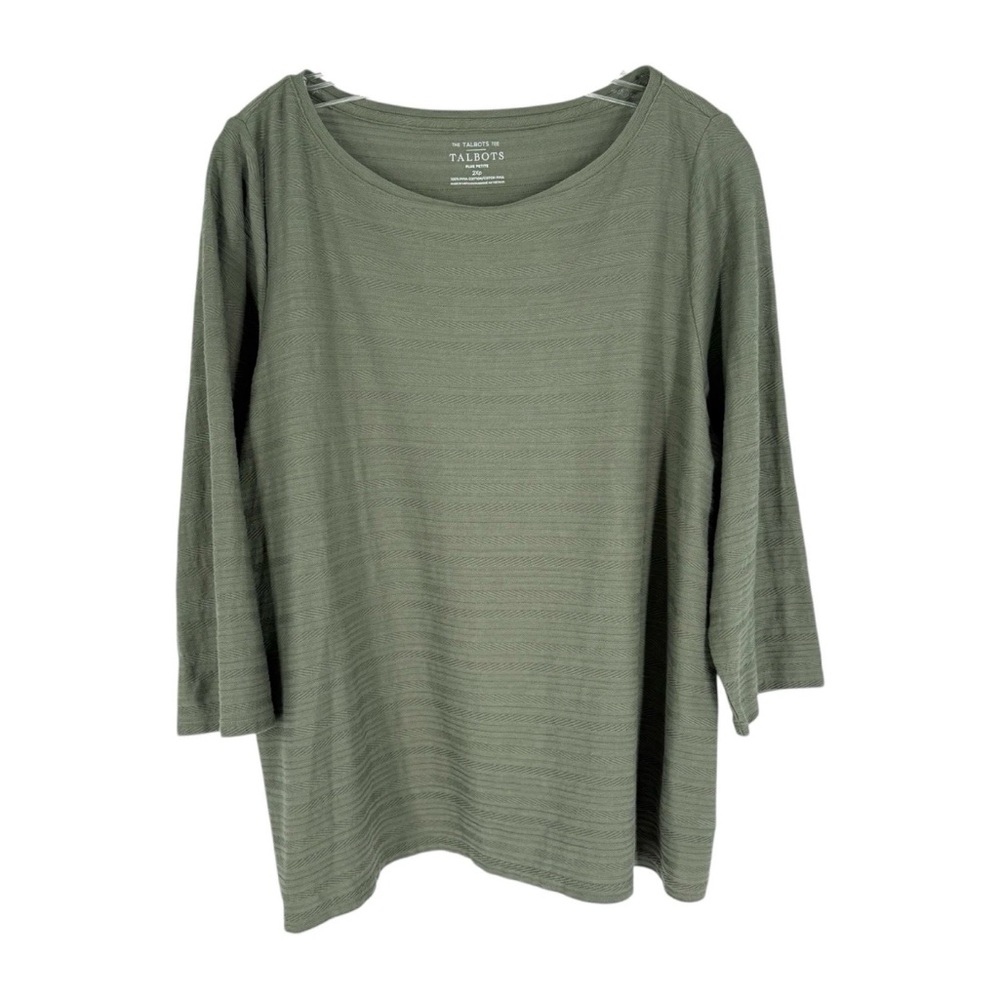 Talbots Blouse Womens Size 2X P Olive Green Textured Pima Cotton Knit 3/4 Sleeve